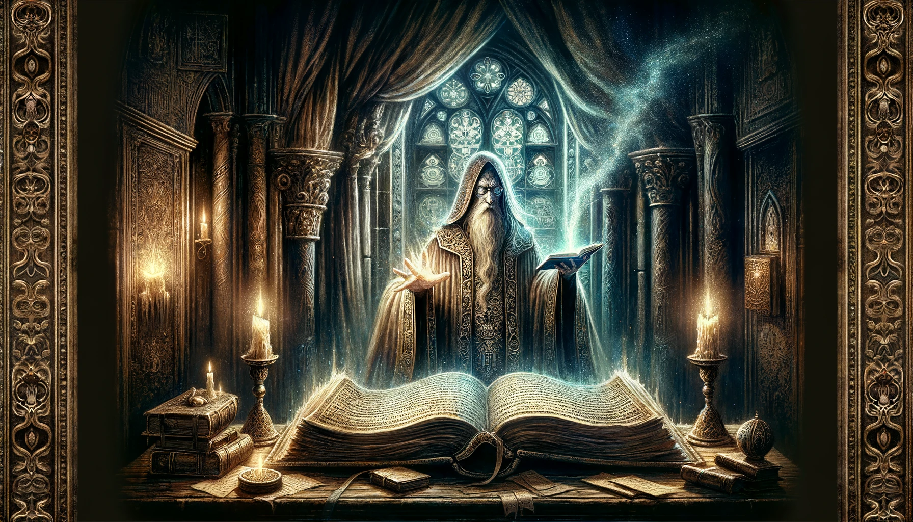 l'illustrazione di un mago in stile gotico fiabesco che consulta un vecchio libro antico.