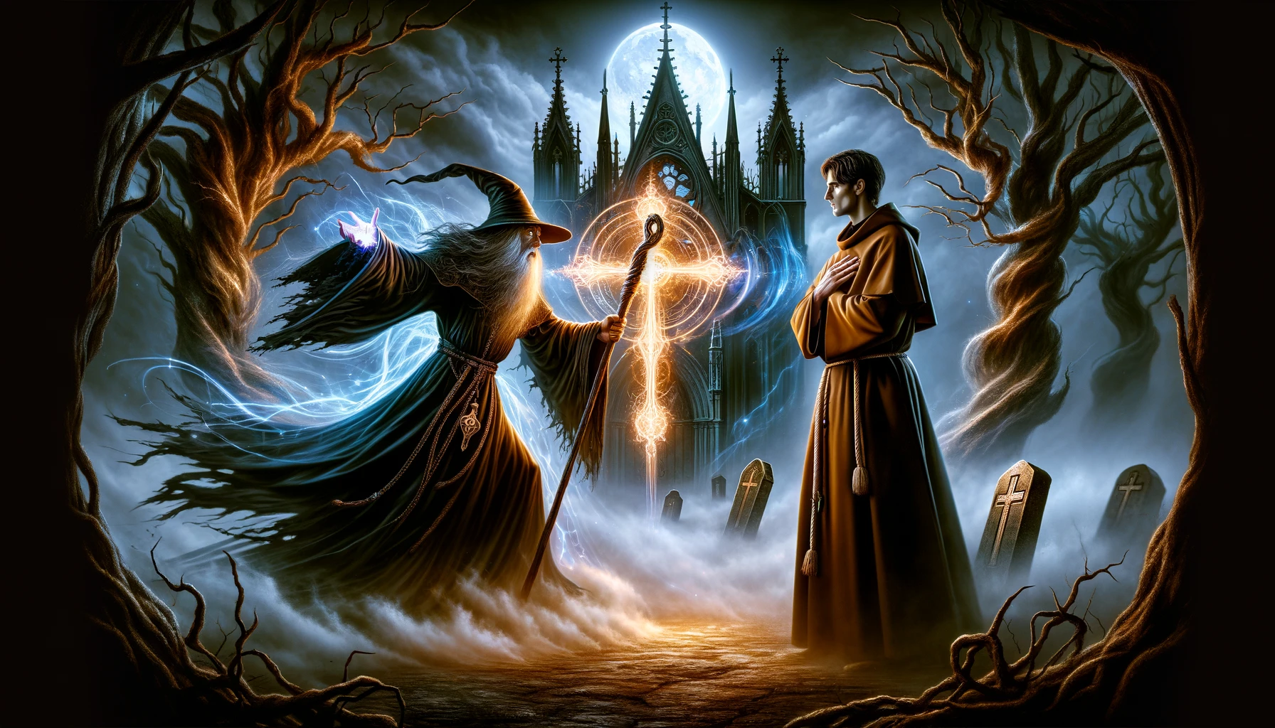 Illustrazione che rappresenta uno stregone e un frate in un duello magico in uno stile che fonde elementi fiabeschi e gotici